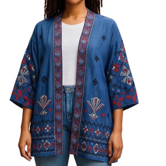 Johnny Was Jackets & Blazers - Johnny Was Mareen Heavily Embroidered Chambray Kimono Jacket NWT (Oversized)